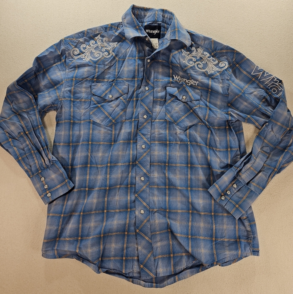 Wrangler Western Pearl Snap Shirt Large Blue Embroidered